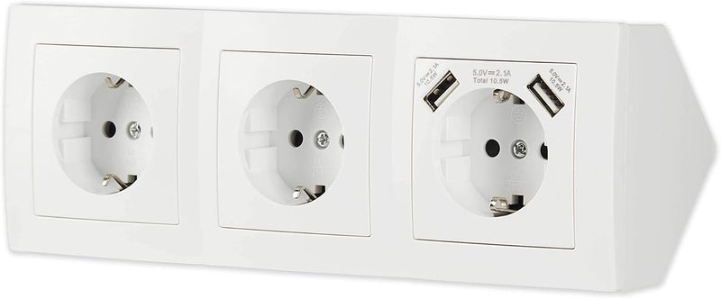 Steckdose 3-fach + 2x USB für Küche und Büro - Schreibtischsteckdose in weiss aus hochwertigem Kunst