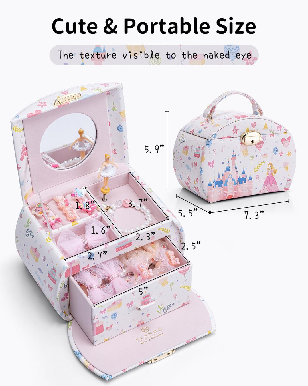 VLANDO Spieluhr Schmuckkästchen Mädchen mit Schubladen, Geburtstagsgeschenk Mädchen Geschenke 6 7 8
