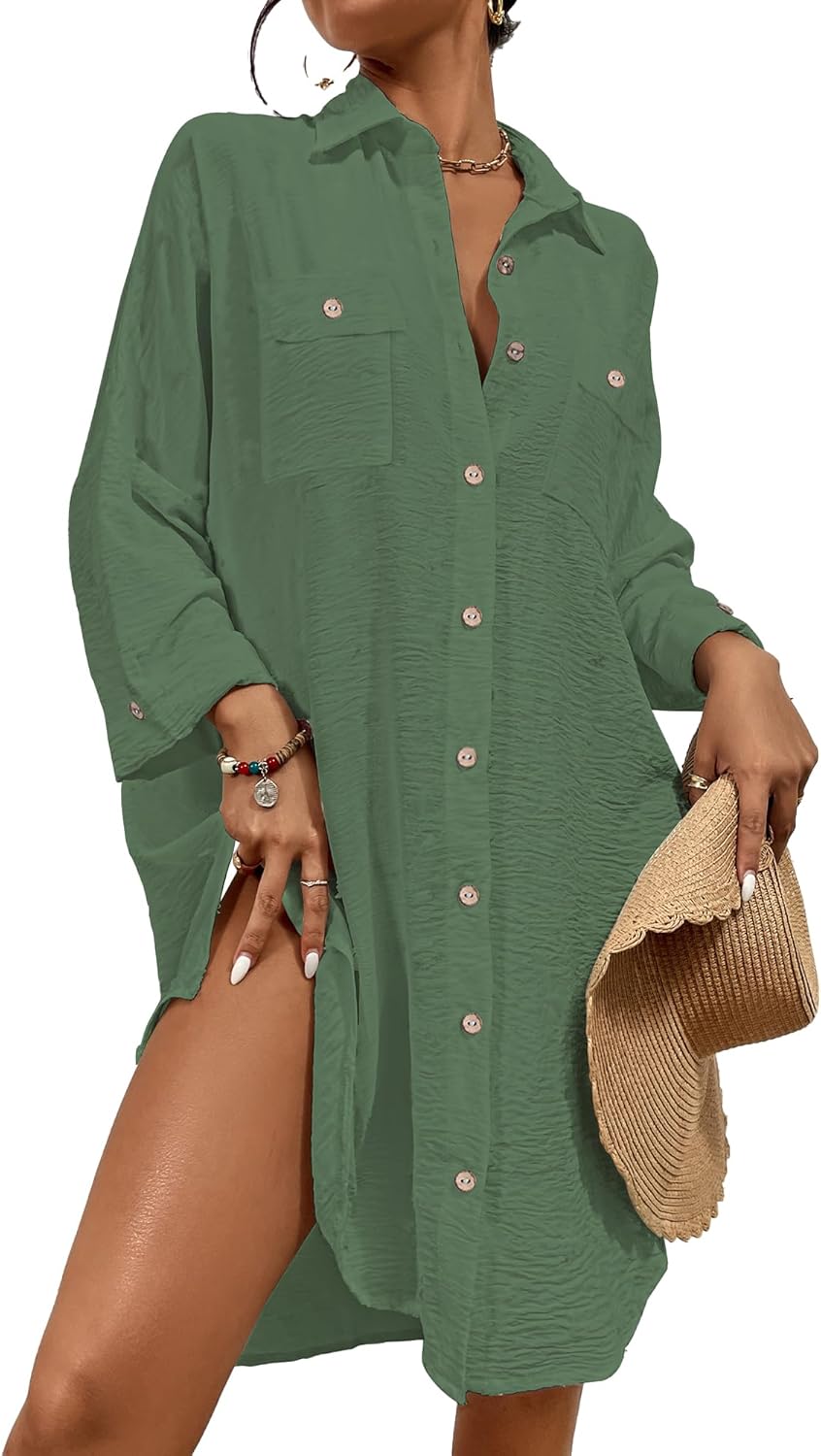 Bsubseach Badeanzug Coverups für Frauen Button Down Strand Shirt Kleid Badeanzug Cover Up Resort Wea