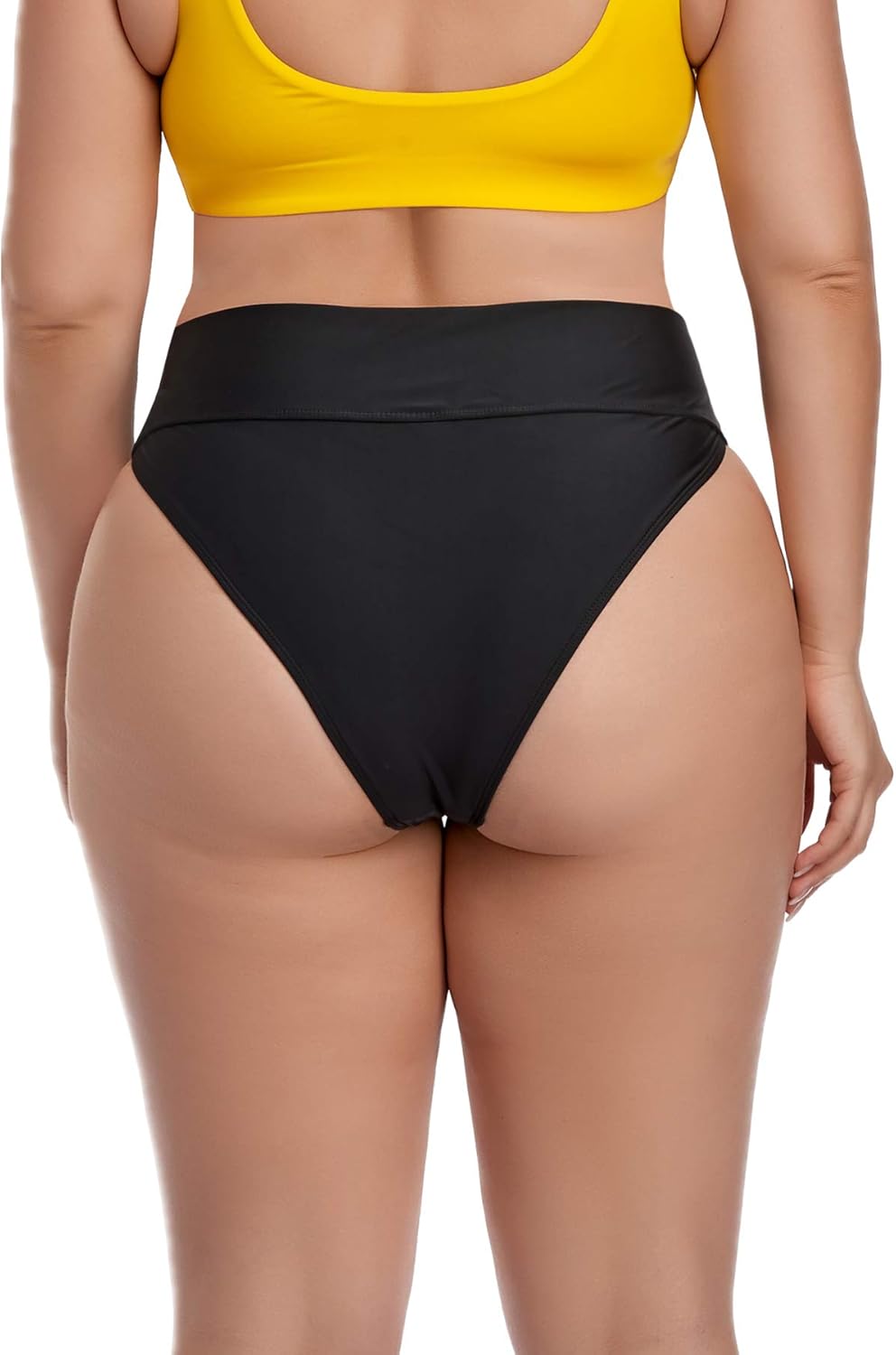 Women Vintage High Waisted Bikini Bottoms Brazilian Ruched High Cut Tankini Panites L Schwarzer Butt