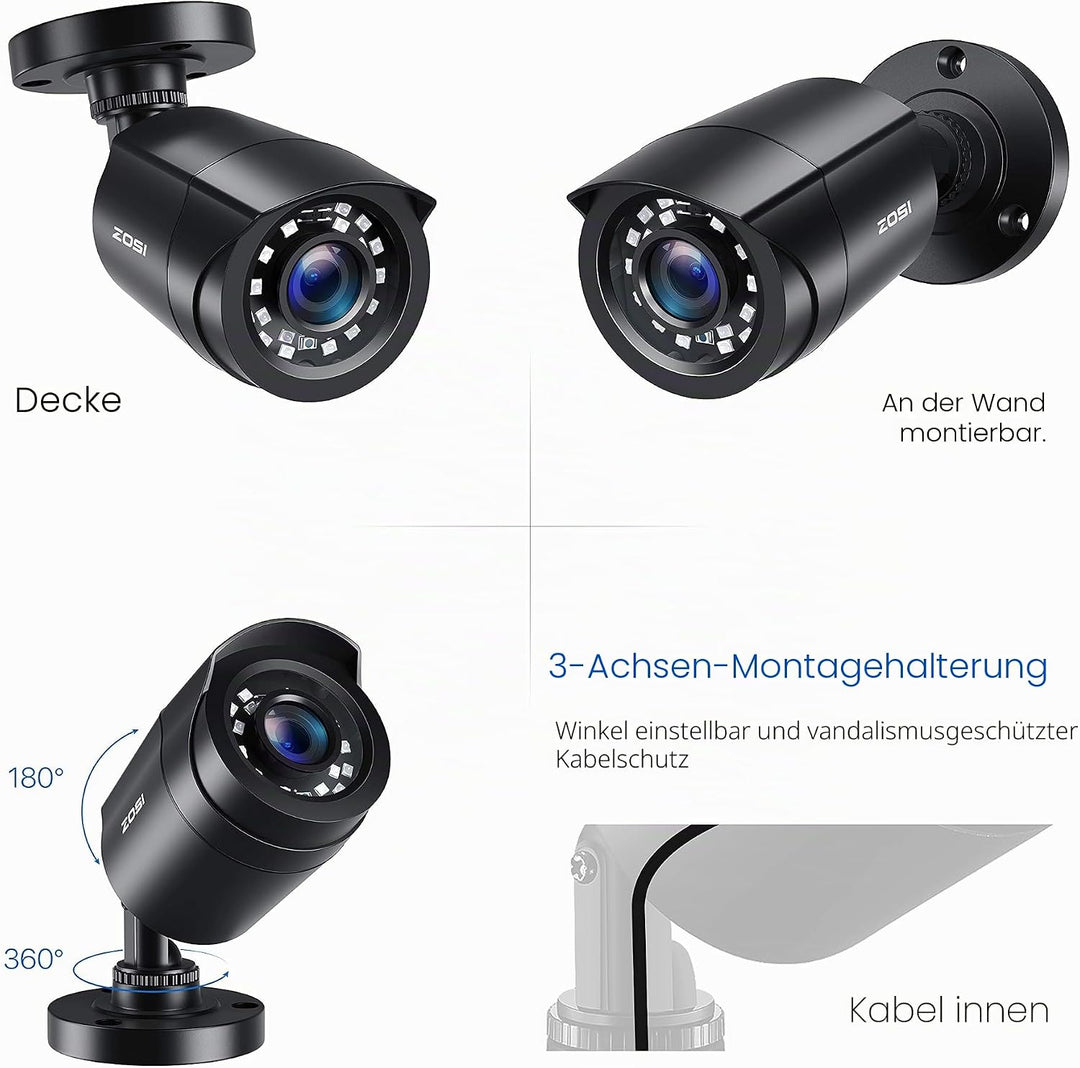 ZOSI 4 Stück 2MP 1080P Outdoor Video Überwachungskamera Set mit Netzteil und Videokabel, 1080P TVI H