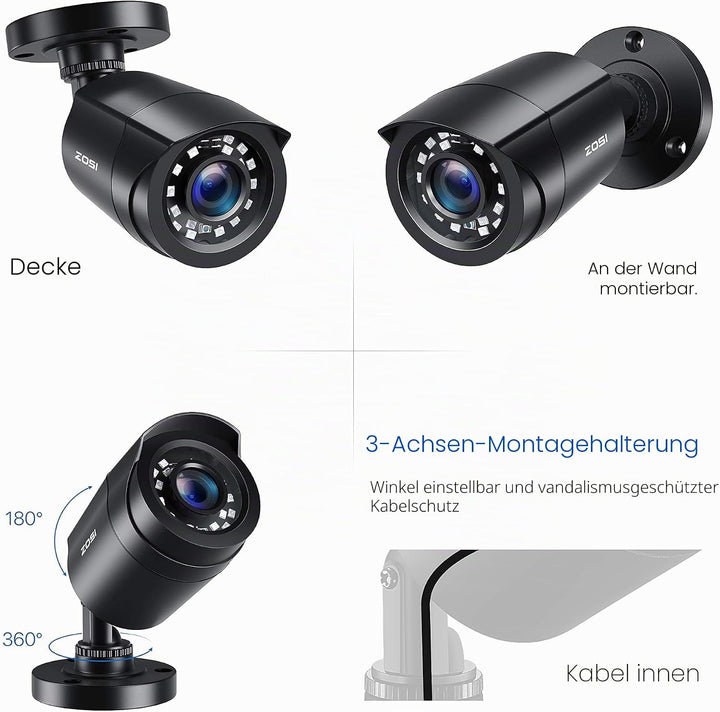 ZOSI 4 Stück 2MP 1080P Outdoor Video Überwachungskamera Set mit Netzteil und Videokabel, 1080P TVI H
