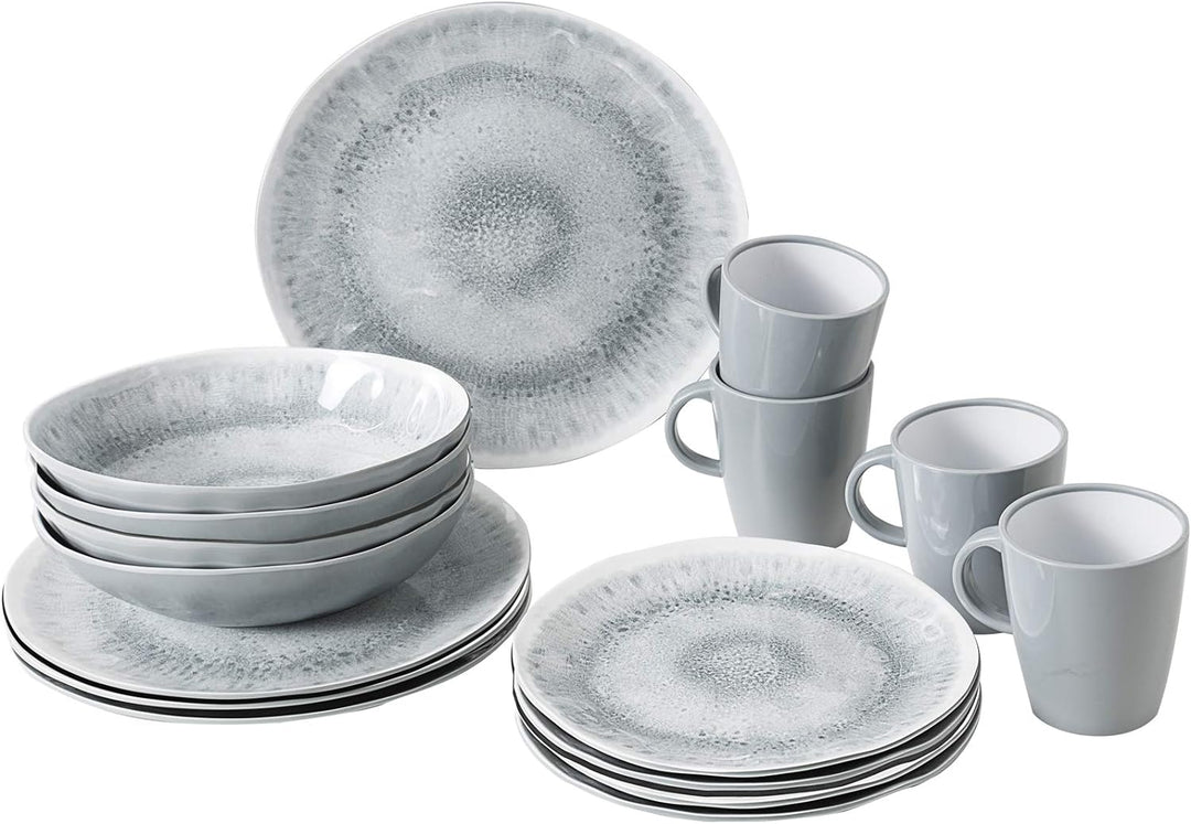 BRUNNER Melamin ESS Geschirr Set Lunch Box 16-teilig Camping Reise Teller Becher Stonetouch Pearl, S