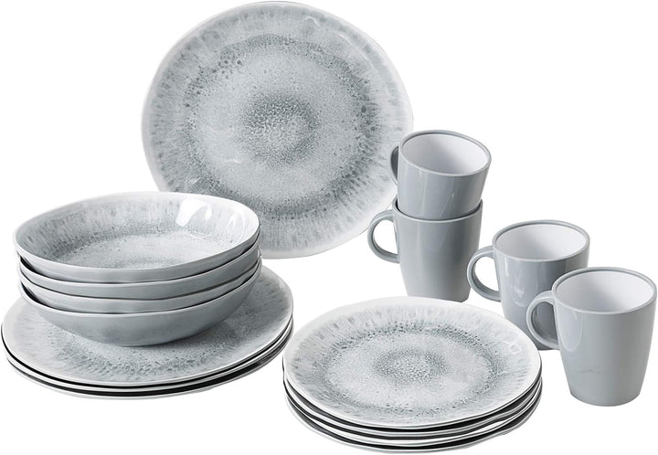 BRUNNER Melamin ESS Geschirr Set Lunch Box 16-teilig Camping Reise Teller Becher Stonetouch Pearl, S