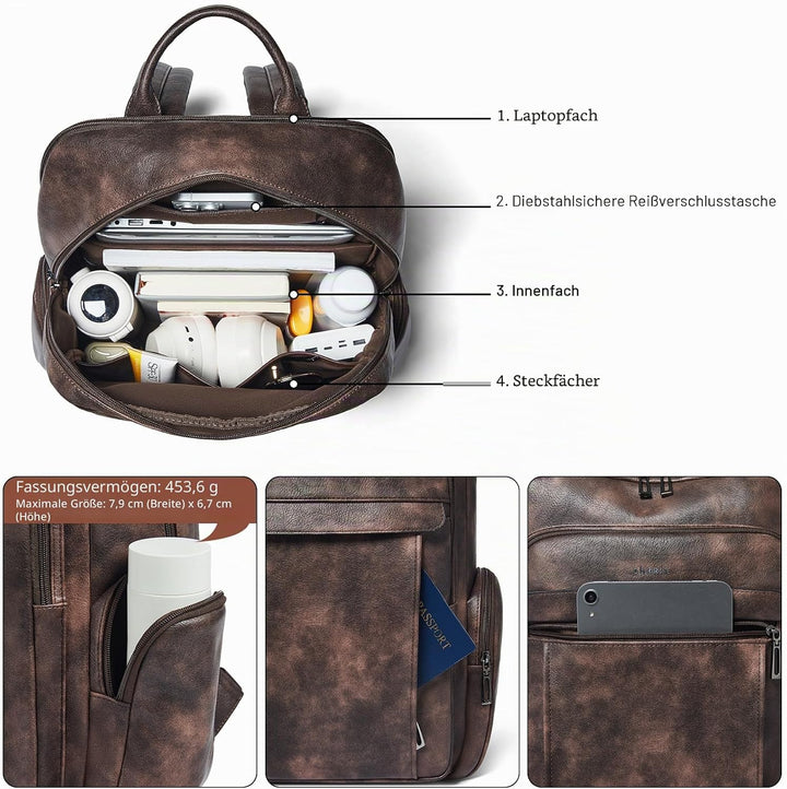 Shrrie Leder Laptop Rucksack für Frauen mit 17 Zoll Vegan Leder Computer Rucksack Tasche für Reise C