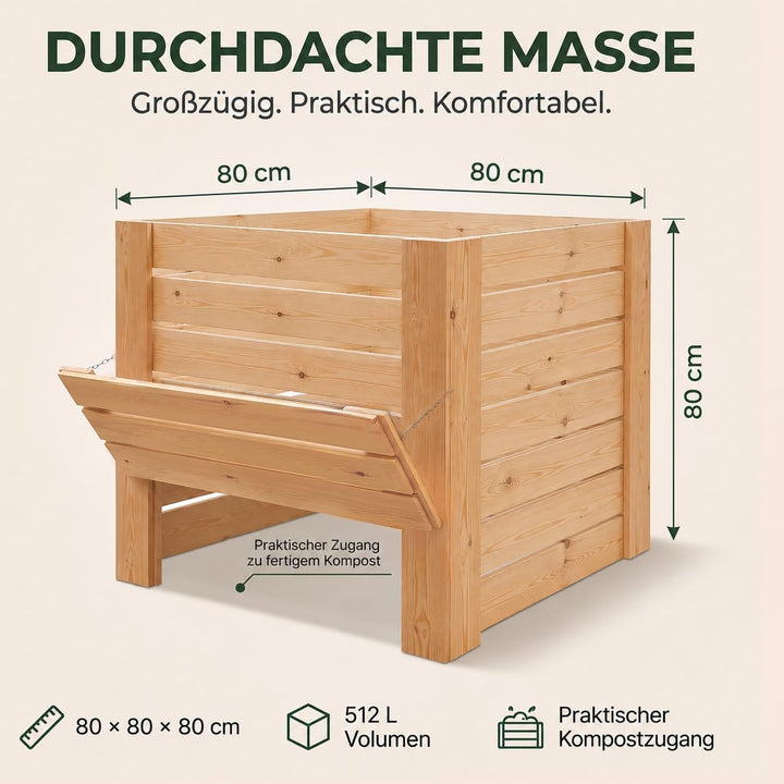 VELORA H&amp;L Gartenkomposter 512 L - Komposter aus Naturholz mit Entnahmeklappe unten, Kompostbehälter
