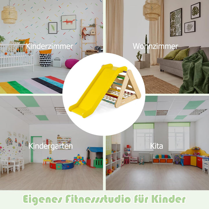GOPLUS 3 in 1 Kletterdreieck mit Rutsche, Klettergerüst mit Leiter & Netz & Brett für Kinder, Indoor