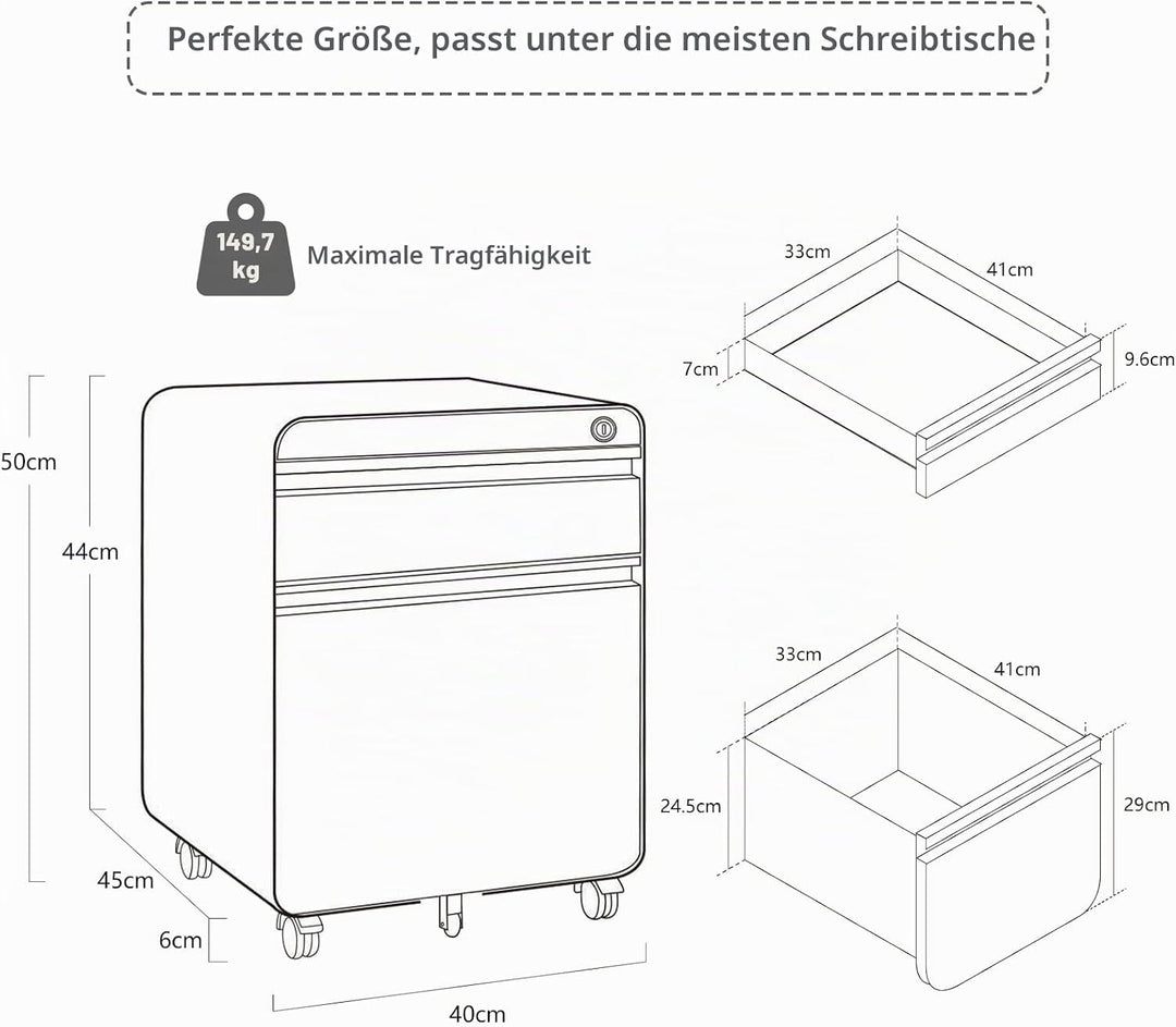 Dripex Metall Rollcontainer Stahl Rollcontainer mit 2 Schubladen und Hängeregistratur Abschliessbare