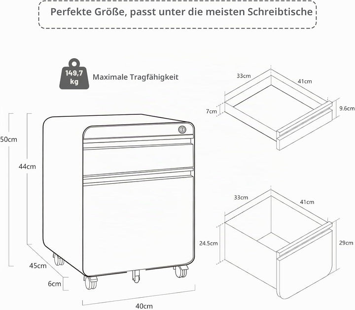 Dripex Metall Rollcontainer Stahl Rollcontainer mit 2 Schubladen und Hängeregistratur Abschliessbare