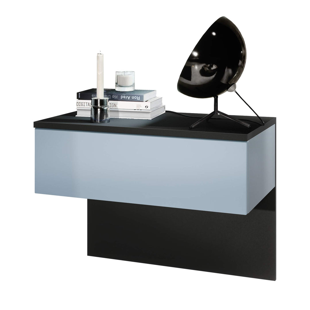 Vladon Nachttisch Sleep, Nachttischschrank mit Schublade zur Wandmontage, Schwarz matt/Denim matt (6