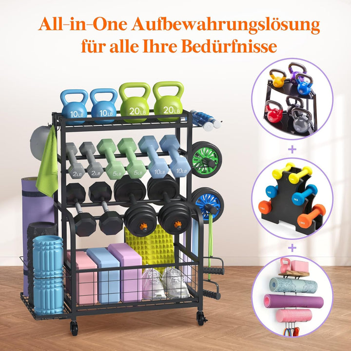 Lifewit Hantelständer für Home Gym, Hantelablage mit Abschliessbare Universal-Räder und Haken, Kettl