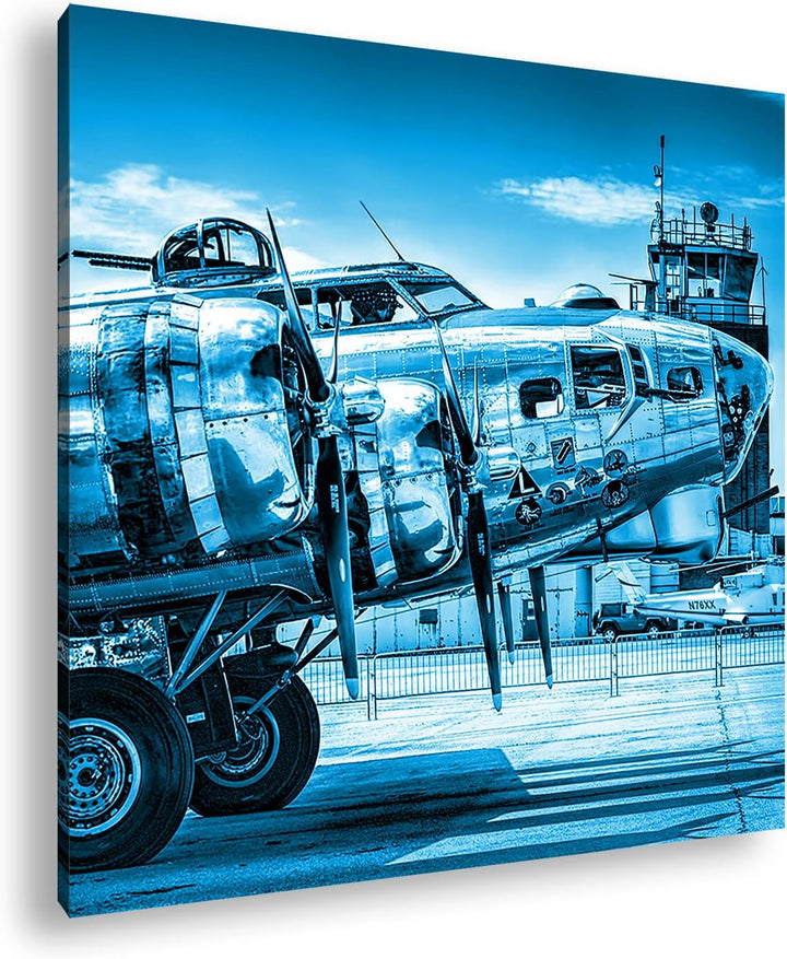 deyoli Silbernes Militär Flugzeug Format: 70x70 Effekt: Monocrome Blau als Leinwandbild, Motiv ferti