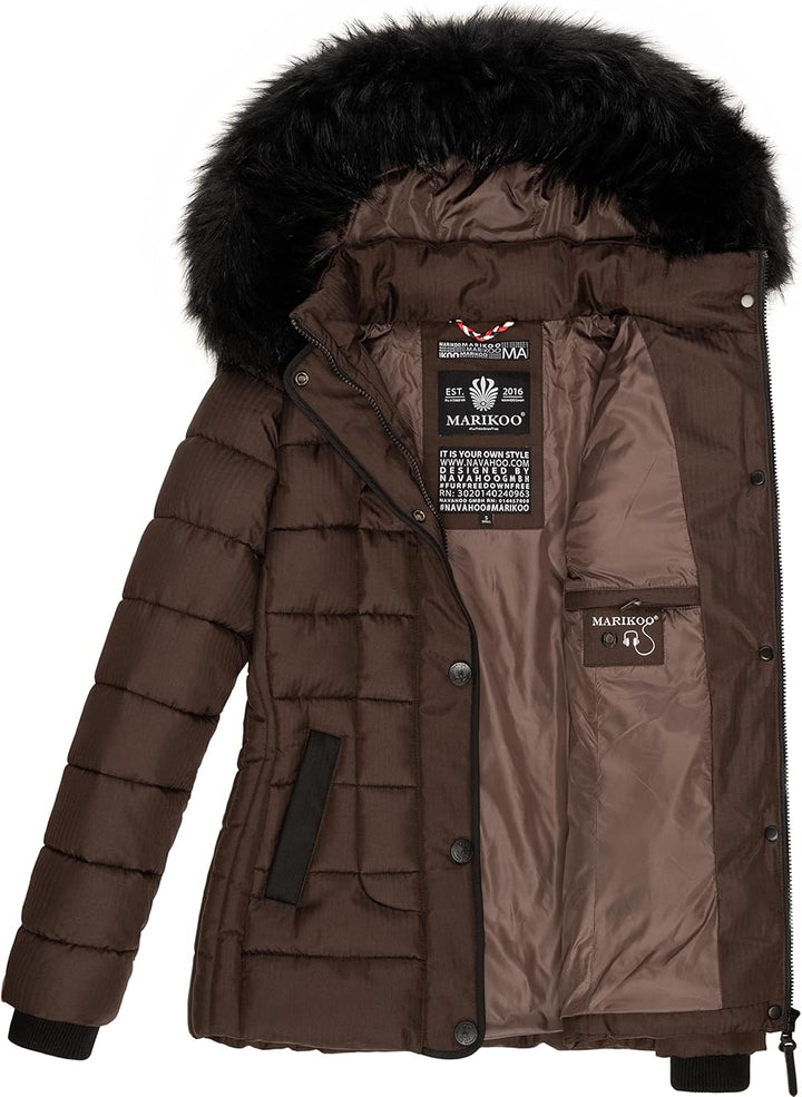 MARIKOO Damen warme Winter Steppjacke mit Kapuze Unique XS-XXL XS Dark Choco, XS Dark Choco