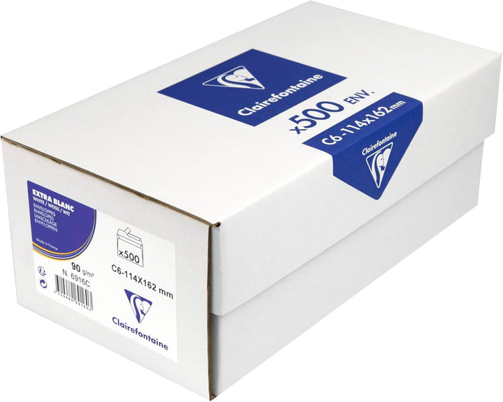 Clairefontaine 6916C - Karton mit 500 Umschlägen C6-114x162mm, selbstklebend, 90g, Weiss, 1 Karton 9