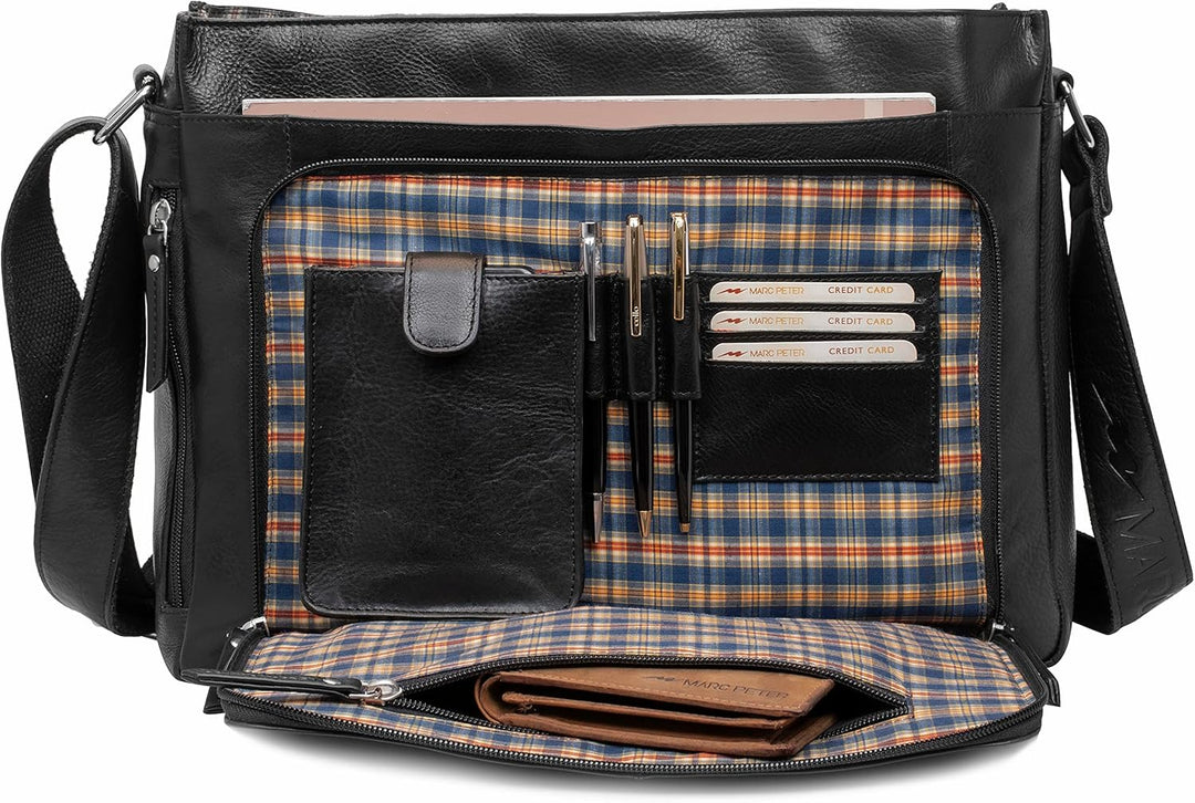 Marc Peter® Bergen leder Umhängetasche für Herren Damen | 15.6 Zoll Laptoptasche | Aktentasche aus e