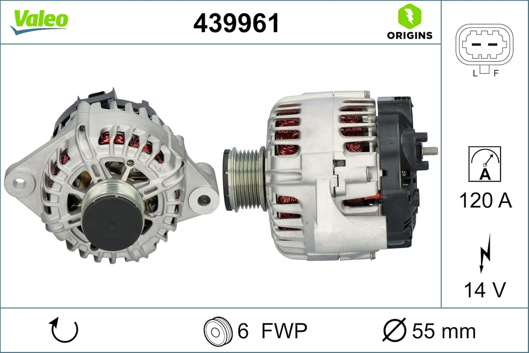VALEO 439961 Generator Ladestrom des Generators: 120 Amp Rippen: 6 rippen Riemenscheibe Ø: 55 mm Spa