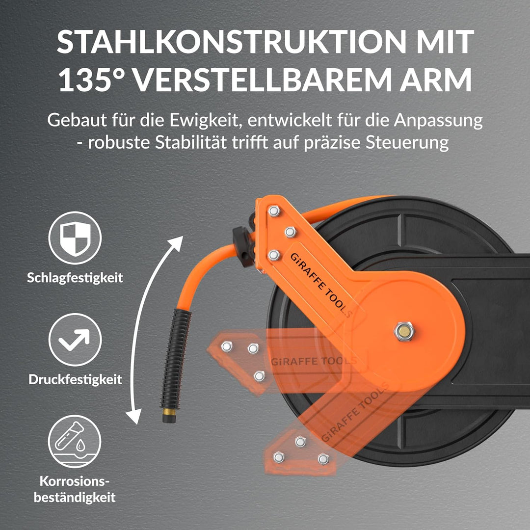 Giraffe Tools Automatik Druckluftschlauchtrommel 15M Plus mit 180° Schwenkbracket, Automatische Aufr
