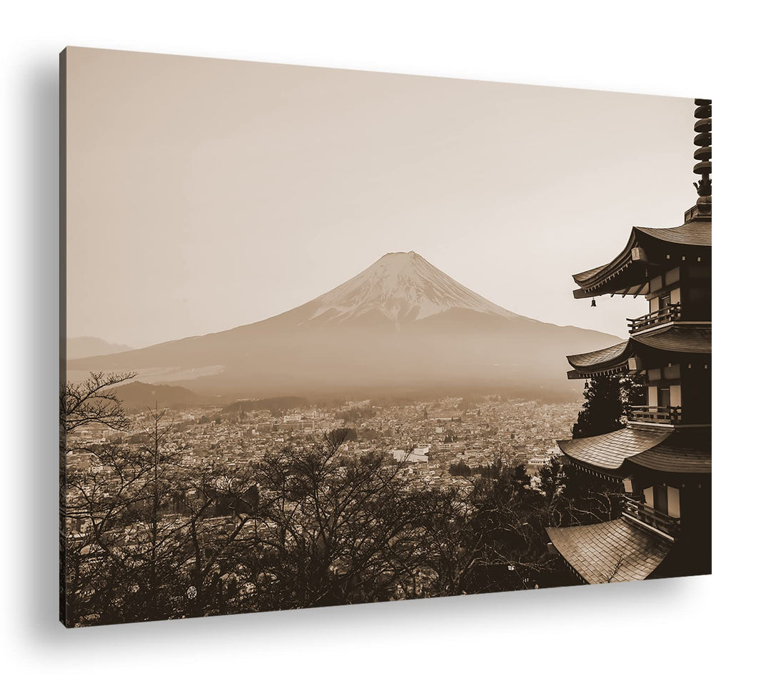 der mit Schnee bedeckte Fuji Berg aus Japan Effekt: Sepia, Format: 80x60 als Leinwandbild, Motiv fer