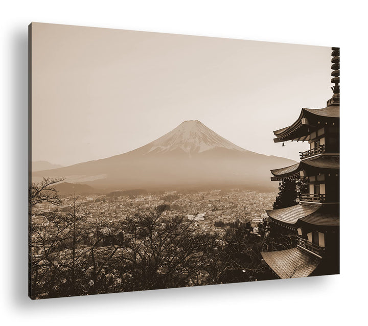 der mit Schnee bedeckte Fuji Berg aus Japan Effekt: Sepia, Format: 80x60 als Leinwandbild, Motiv fer