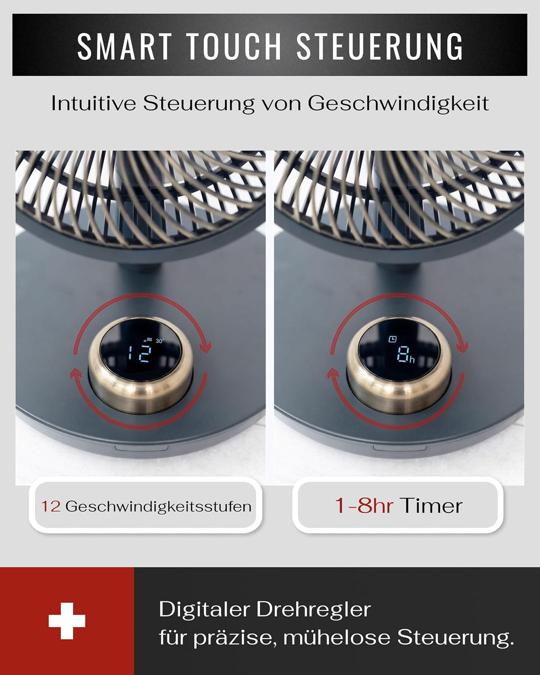 Premium Tischventilator, Ventilator leise aus Metall mit 12 Stufen, Digital-Display, 90° Oszillation