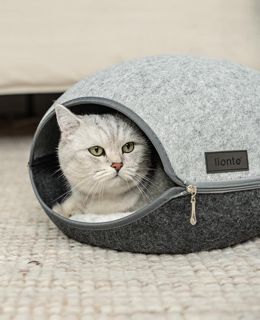 lionto Katzenhöhle aus robustem Filz, gemütliche Kuschelhöhle mit Reissverschluss für Katzen, 46x38x
