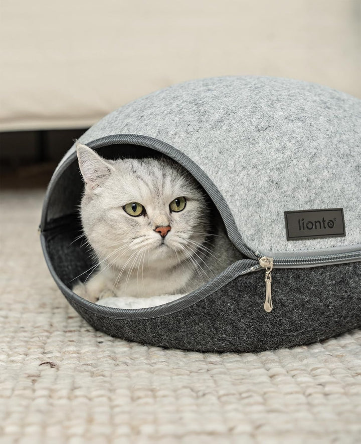 lionto Katzenhöhle aus robustem Filz, gemütliche Kuschelhöhle mit Reissverschluss für Katzen, 46x38x