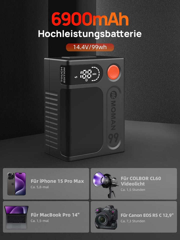 V Mount Akku, Moman Power 99 Touch Mini V-Lock Batterie 99Wh/6900mAh mit Berührungstaste&LED Bildsch