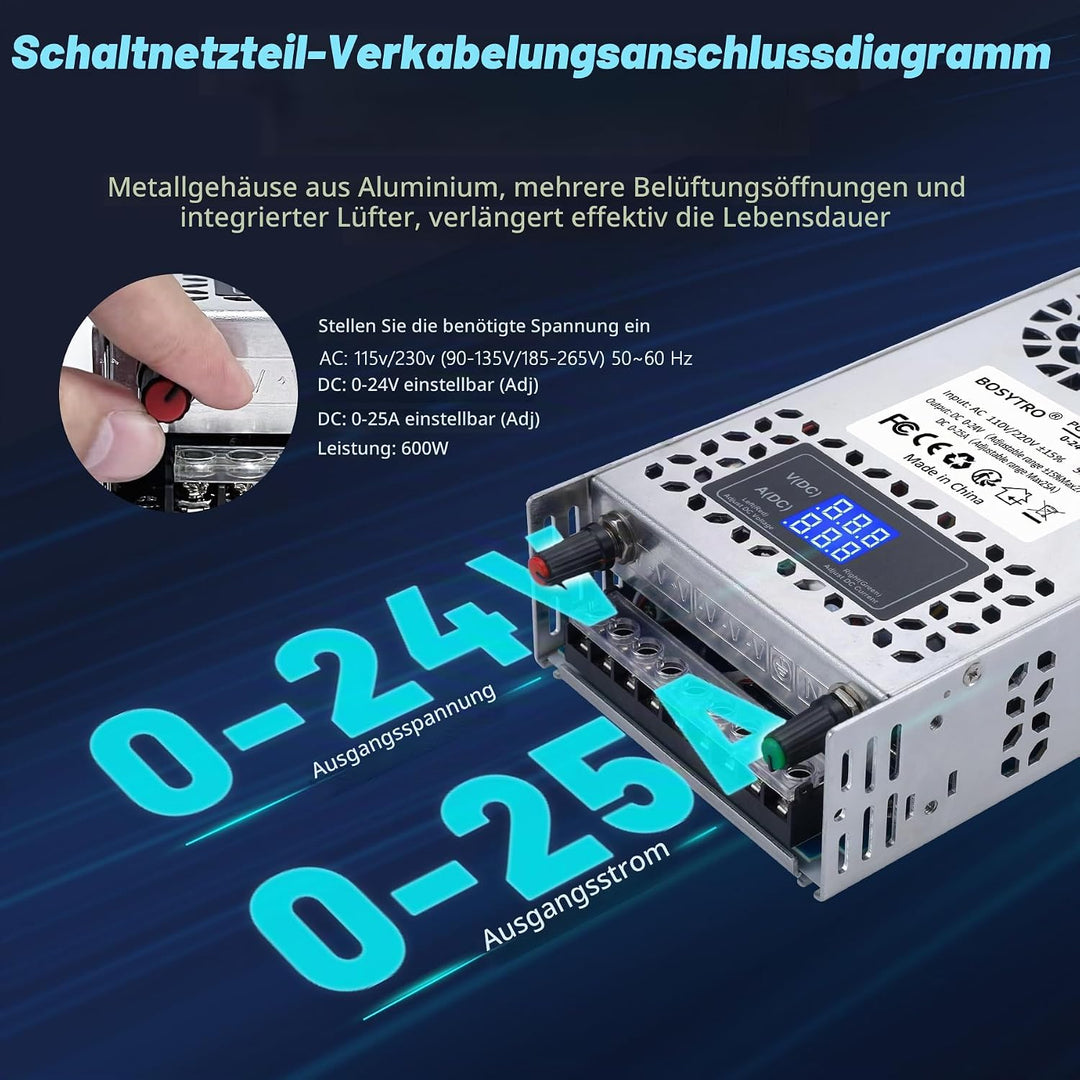 BOSYTRO Einstellbar Schaltnetzteil AC 110V/220V to DC 0-24V Transformator 25A 600W Spannung Digitala