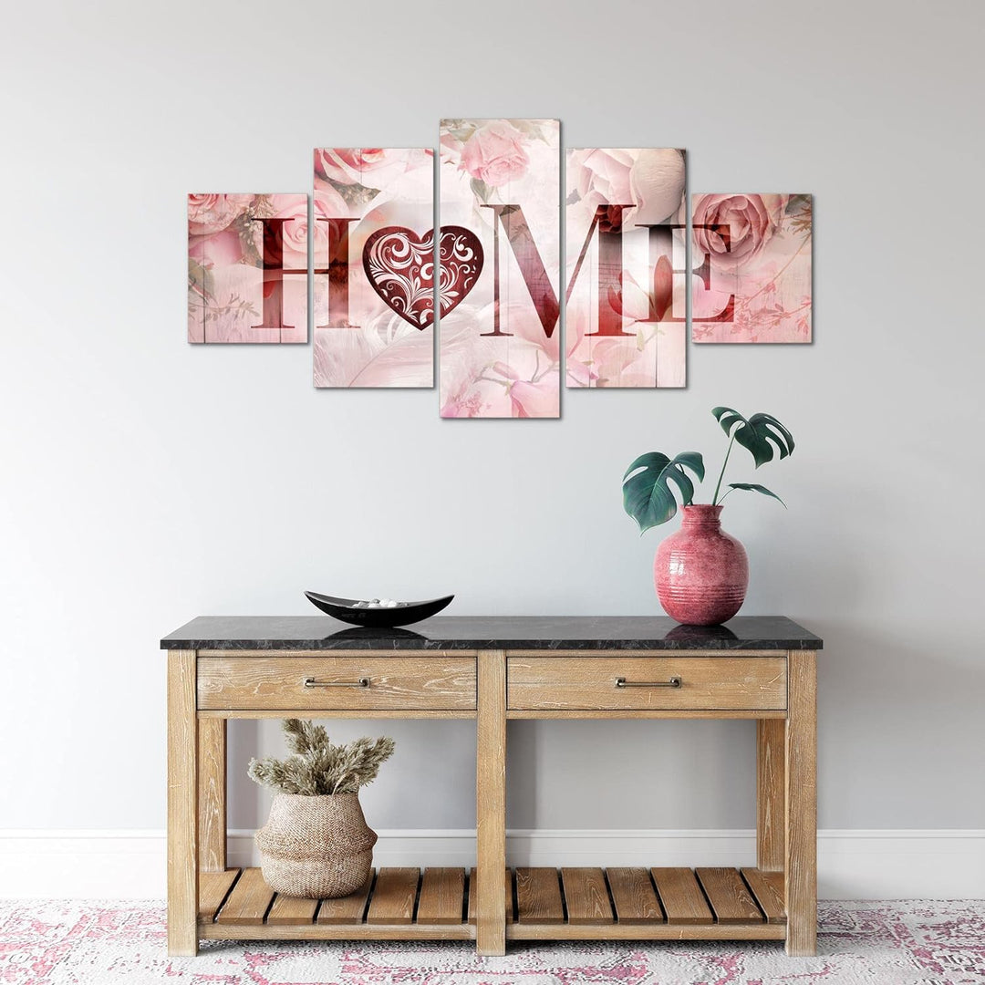 Runa Art Wandbilder Home Vintage 5 Teilig Bild auf Vlies Leinwand Deko Wohnzimmer Rosen Herz Rosa 03