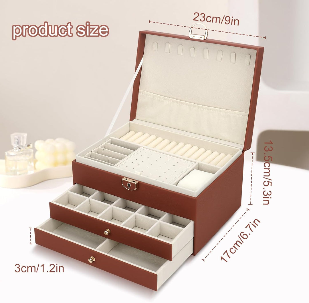 Schmuckkasten, Schmuckkästchen mit 3 Ebenen mit Schubladen, PU-Leder Schmuckbox Schmuckschatulle Gro