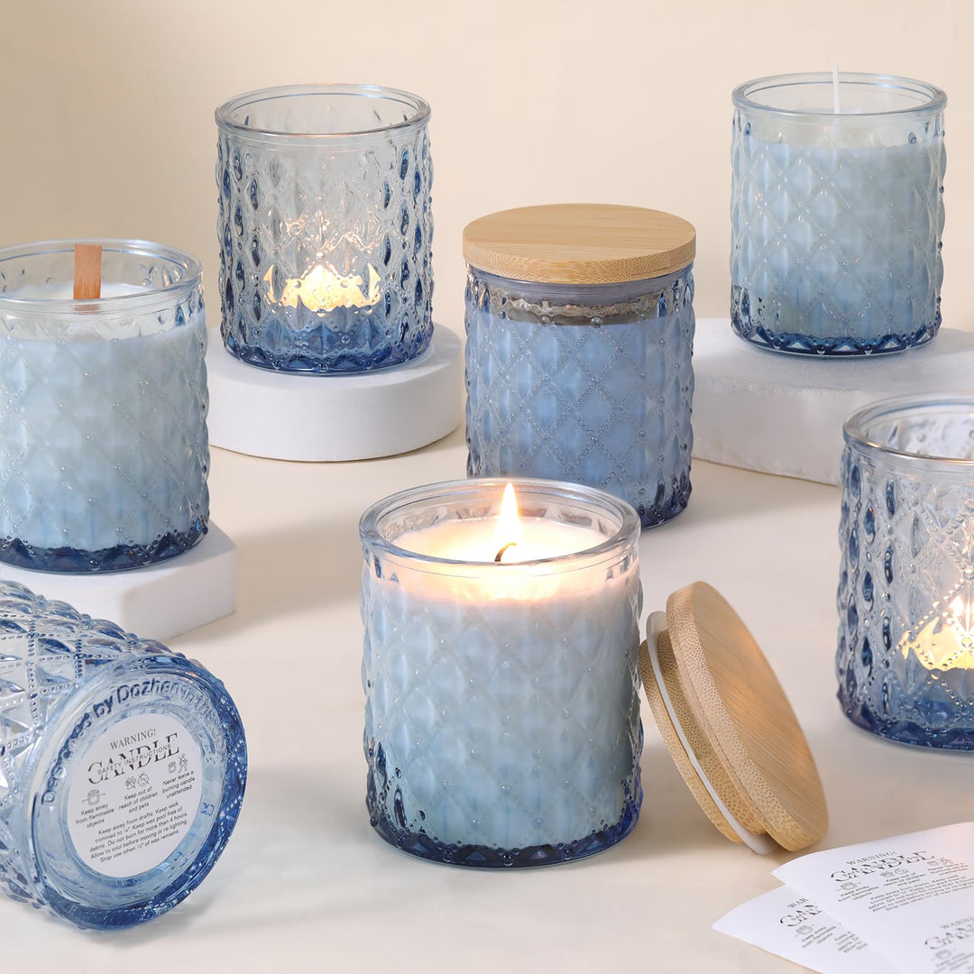 LETINE 6 Stück Blau Kerzengläser aus Glas, 200ml Kerzengläser mit Deckel, Kerzengläser zum Befüllen,