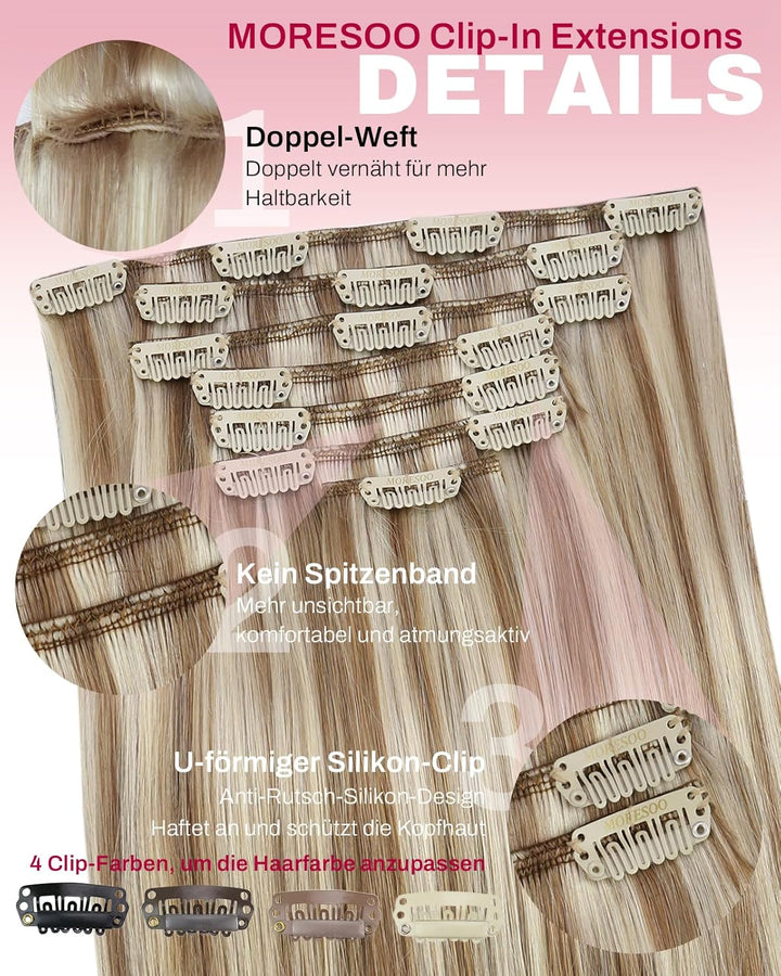 Moresoo Clip in Haarverlängerung Echthaar Clip Blond Remy Echthaar Extensions Clip in Extensions Ech