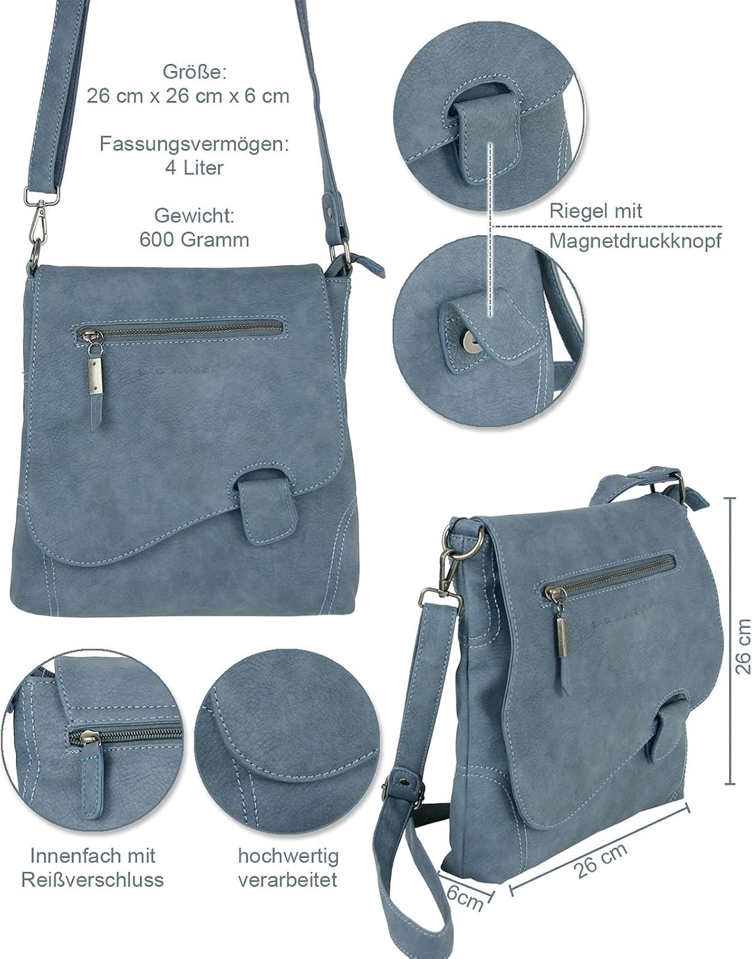 BAG STREET - Damen Handtasche mit Riegel-Magnetverschluss und Reissverschluss - 4 Liter Volumen - Um