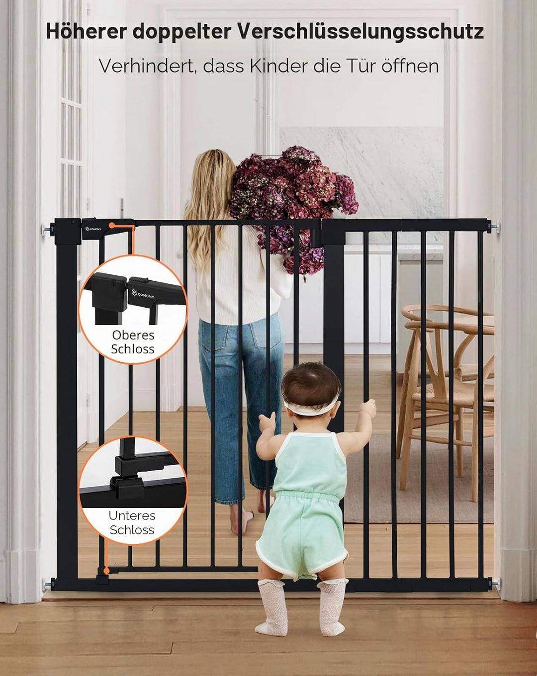 COMOMY Sicherheitsgitter für Kinder, sehr hoch, 75 – 117 cm, Treppe, ohne Bohren, ausziehbar, automa