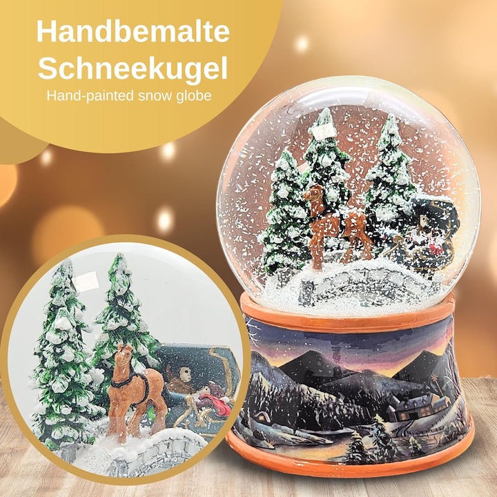Weihnachts-Schneekugel mit Musik | Schneekugel Kutschfahrt über Brücke mit Familie | Sockel Winterla