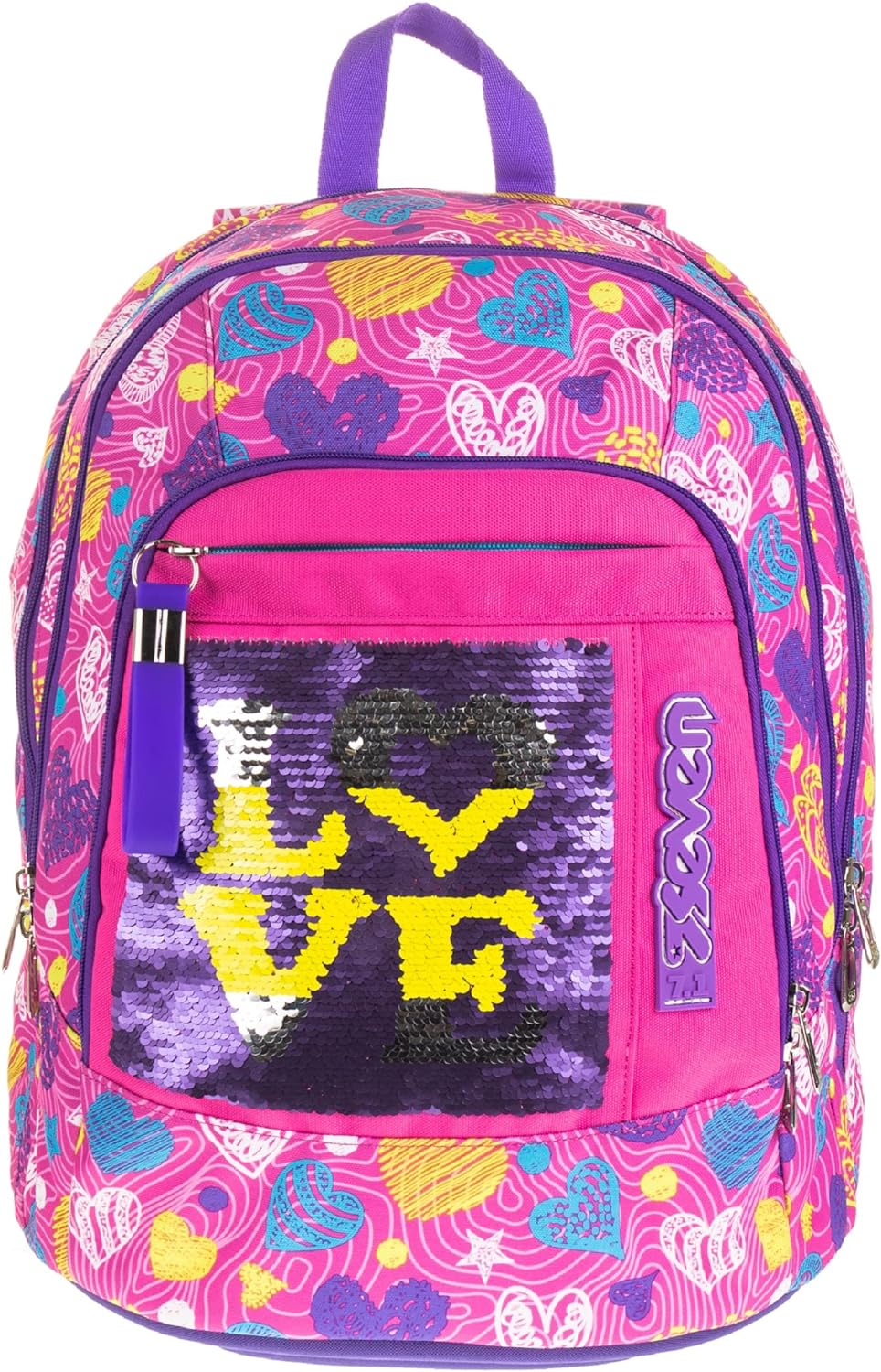 Seven S.P.A. Advanced School Backpack - Shineheart - Rosa - 30 l - Wendbare Pailletten - Reflektiere
