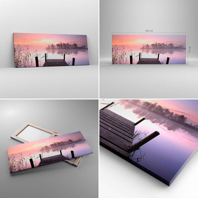 Panorama Bilder auf Leinwand 100x40cm Leinwandbild Morgen Sonnenaufgang Nebel See Gross Wanddeko Bil