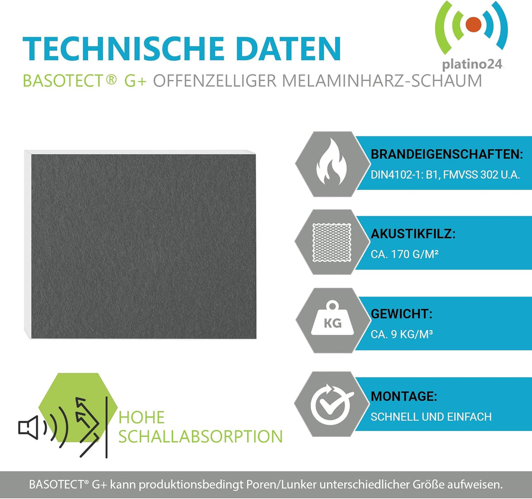 platino24 Schallabsorber COLORE aus Basotec G+ I Akustikpaneele mit Akustikfilz I 4 Wand-Paneele in