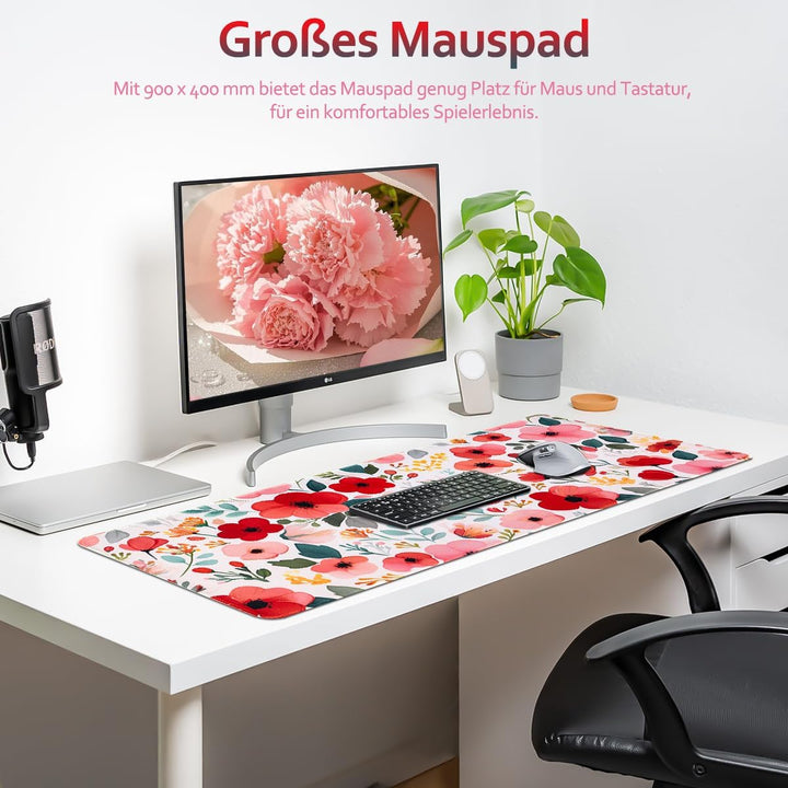 Zindoo Mauspad XXL 900 x 400 mm– Weisses Gaming Mousepad mit Rosa & Roten Blumen – Grosse rutschfest