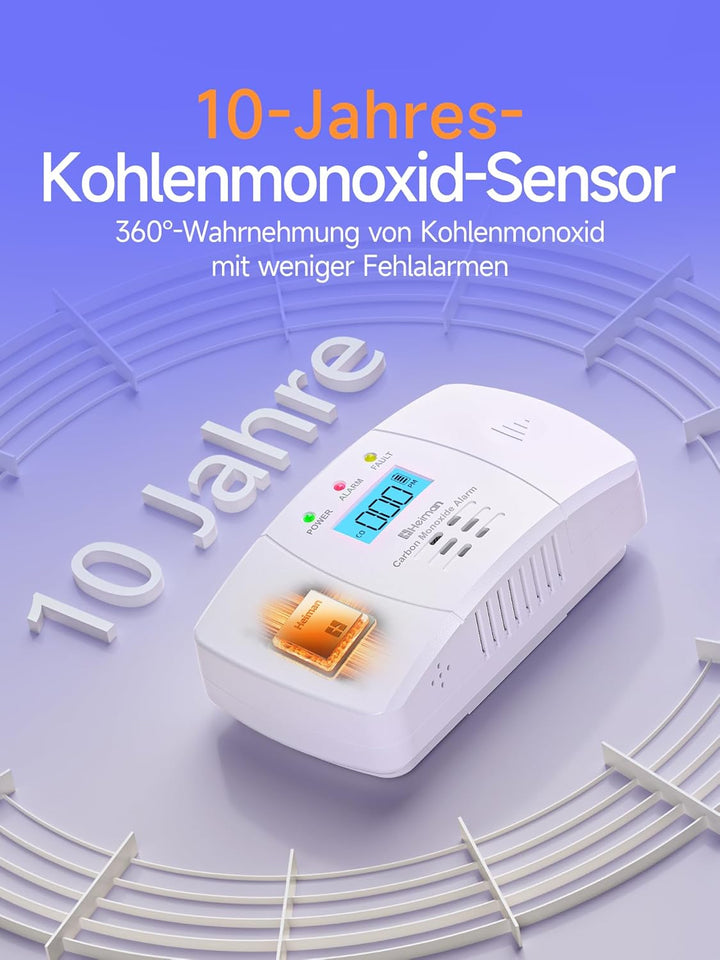 Heiman CO Melder mit Digitalanzeige, BSI Zertifiziert nach EN 50291,Kohlenmonoxidmelder, 10-Jahren L
