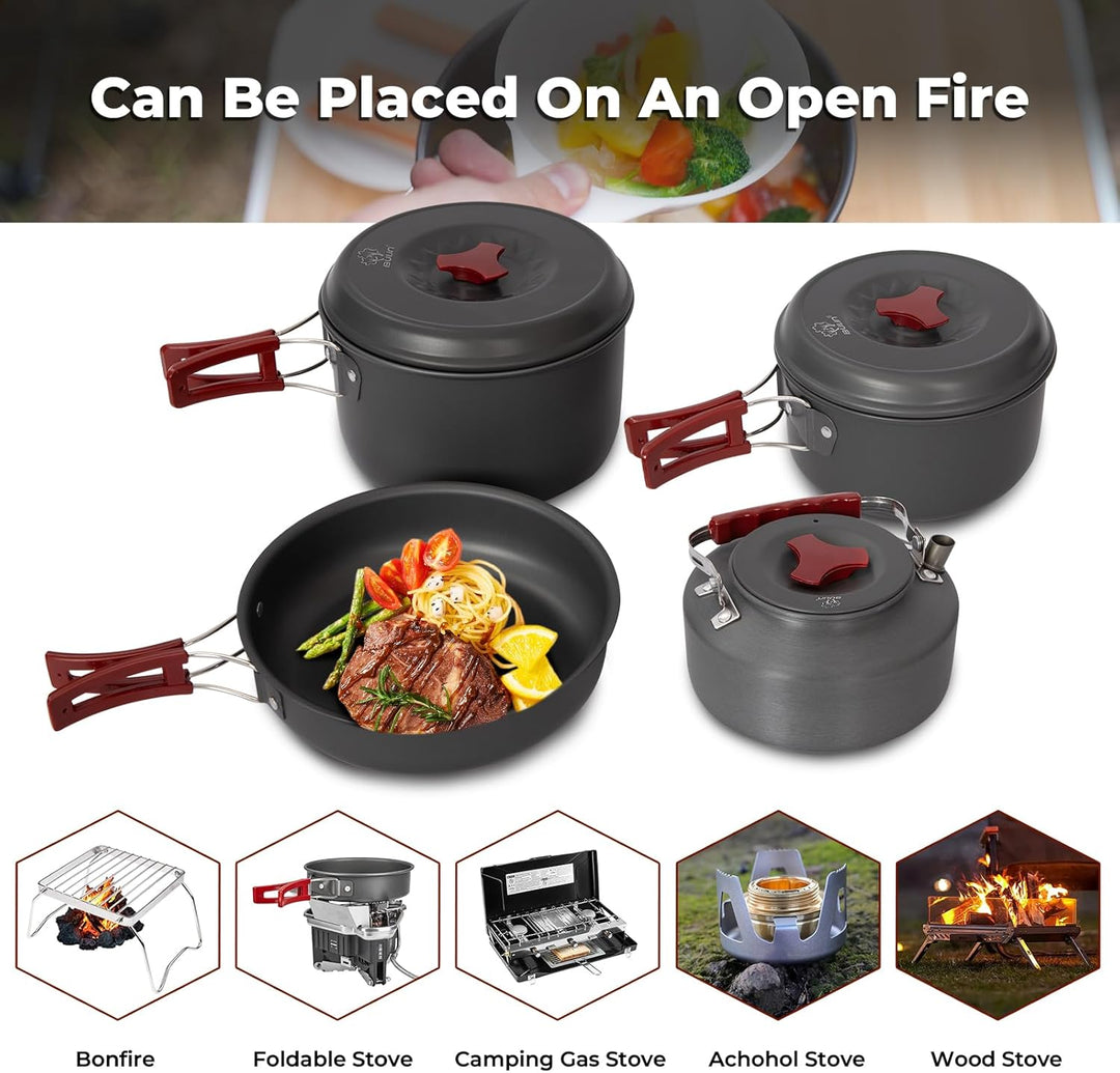 Bulin Camping Kochgeschirr Set,Outdoor Camping Kochset Aluminium,Camping Töpfe und Pfannen für 1-2-4