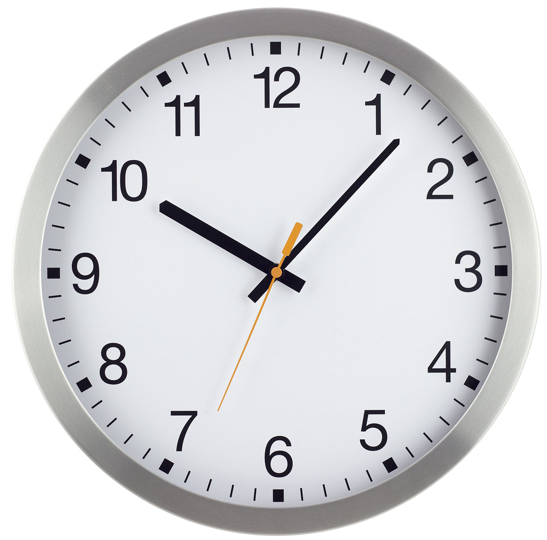 Eurotime Funkwanduhr, 35 cm, Aluminiumgehäuse, Echtglas, klares 12-Zahlen Zifferblatt, Wanduhr für W