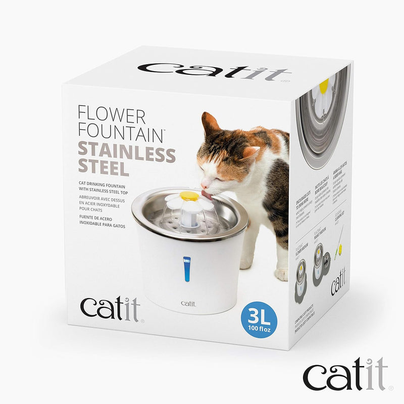 Catit 43725 Flower Fountain, Blumentrinkbrunnen mit Edelstahleinsatz, für Katzen, 3L, weiss/Edelstah