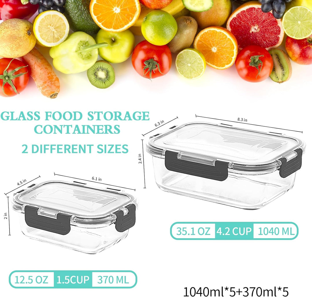 Glas-Frischhaltedosen Set - 10er Pack - Skroam Aufbewahrungsbox Glas für Lebensmittel (10 Deckel & 1