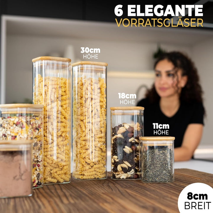 CLIDOR ® Vorratsgläser mit Deckel, Eckig - 6er Set - Extra dickes Glas - Vorratsdosen mit Deckel luf