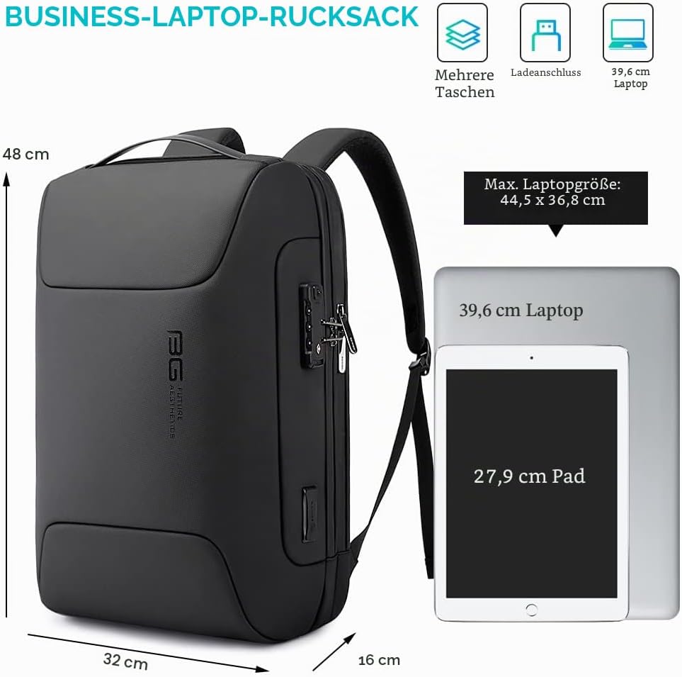 BANGE Anti-Diebstahl-Rucksack mit USB-Ladeanschluss, leichter Business-Rucksack für Damen und Herren