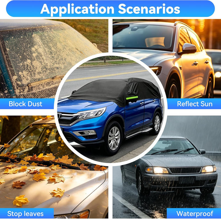 210D Autoabdeckung Wasserdicht Outdoor Halbgarage für Auto SUV, Allwetterschutz Autoplane Abdeckplan