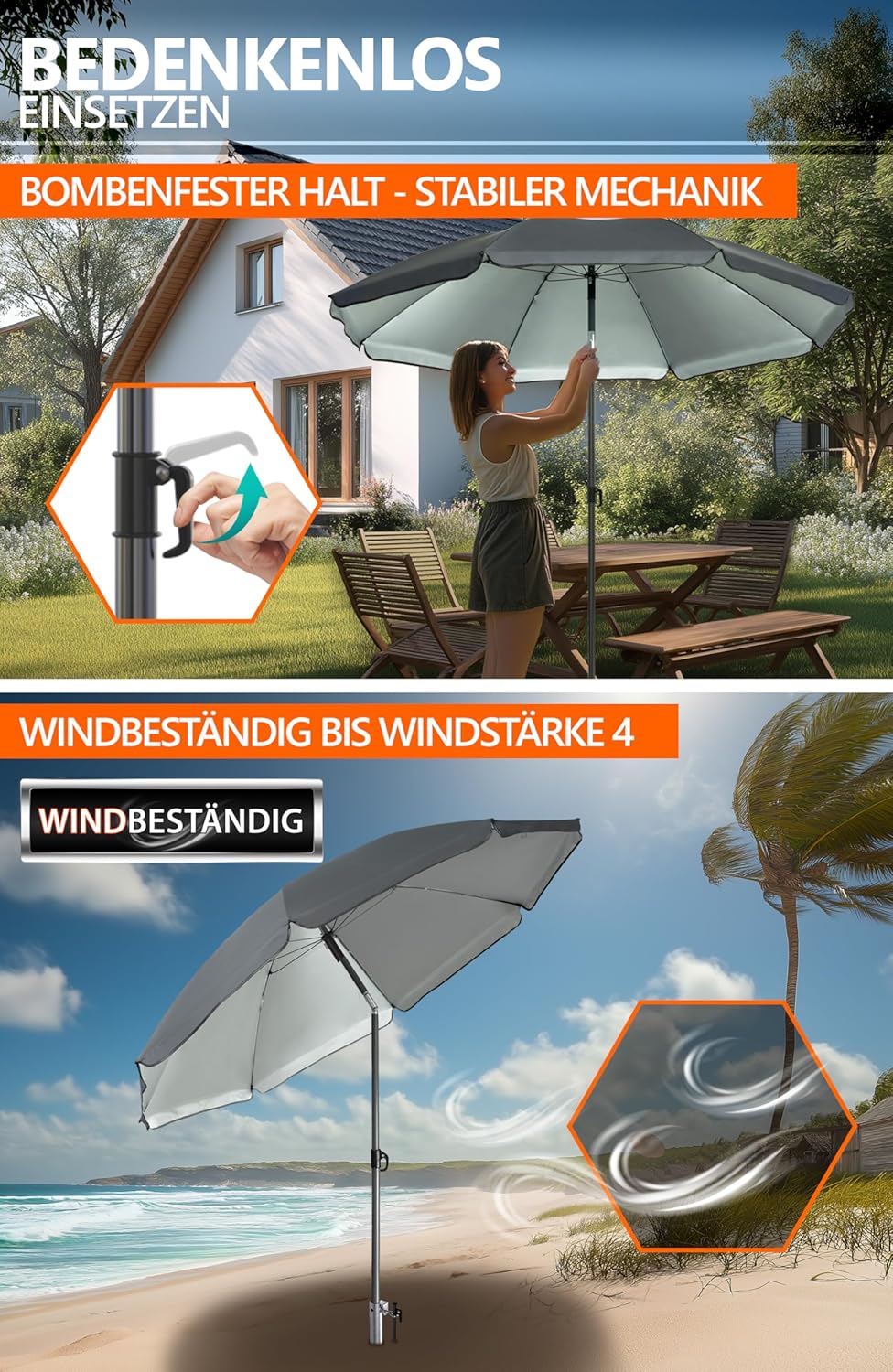 4smile Sonnenschirm Strand Ø 200 cm SET mit Eindrehbodenhülse, Anthrazit | Strandschirm Windfest Sta