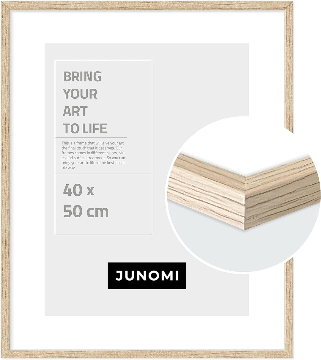 JUNOMI® Bilderrahmen 40 x 50 cm Holz | Farbe Eiche | Bilderrahmen Eiche mit bruchsicherem Acryl-Glas