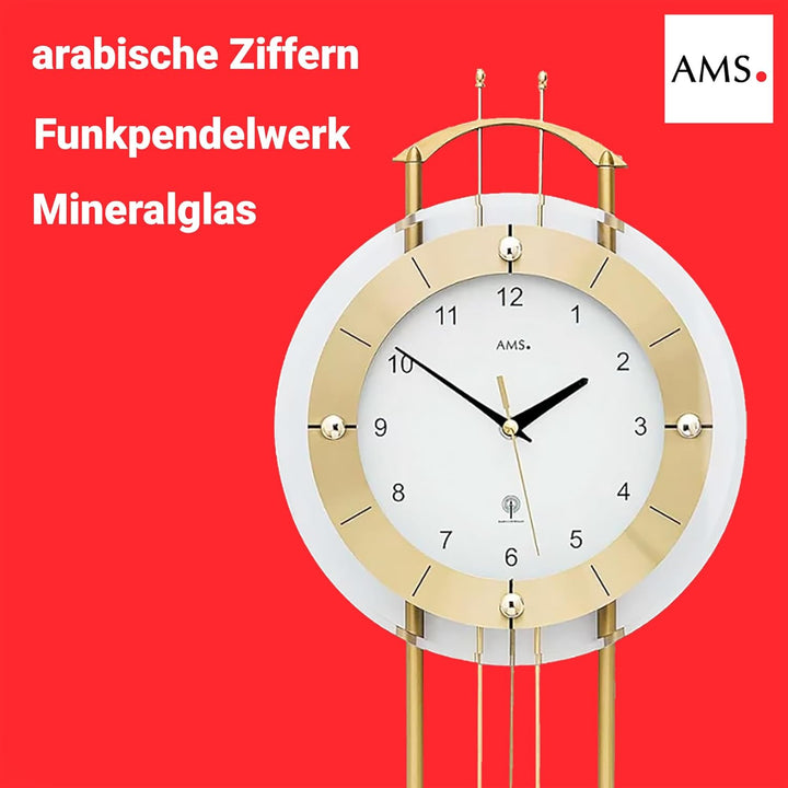 AMS Funkwanduhr 5257 mit glänzendem, messingfarbenem Pendel elegante Funk Pendeluhr Design Wanduhr